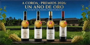 Botellas de vino A Coroa Godello, 200 Cestos, Lías y Ladeira Vella alineadas en la bodega.